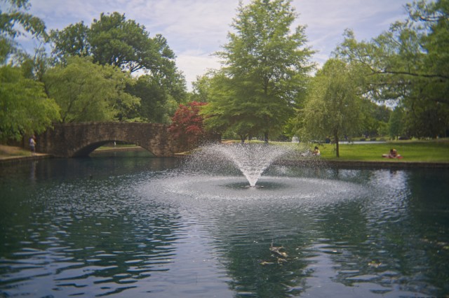 A serene park scene featuring a fountain in the center of a pond, surrounded by lush greenery and trees. A stone bridge arches over the water, with people relaxing on the grass nearby.